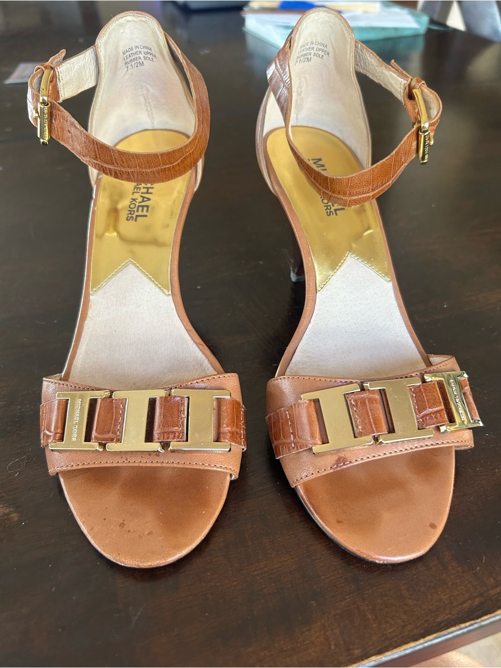 Michael Kors Brown Leather Ankle-Strap Heels with Gold detail